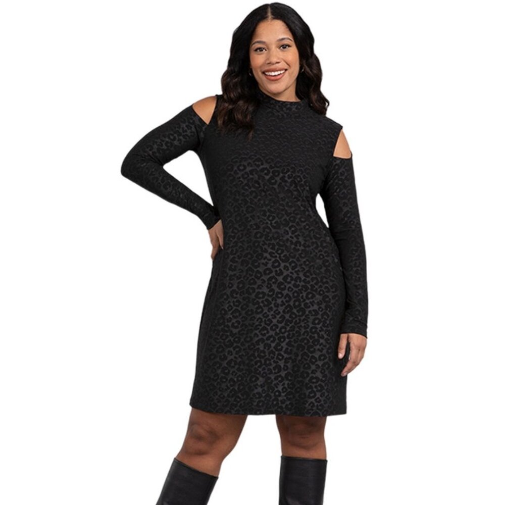 Sympli - Turtle Neck Cold Shoulder Dress- Black Animal Embossed Print- Size 16